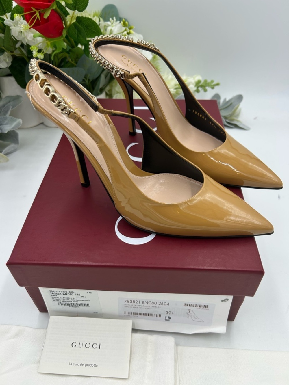 Women's Gucci Signoria chain patent sling back pumps size 39.5 made in Italy